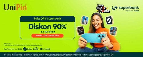 Diskon 90% Tiap Top Up game favoritmu pakai QRIS Superbank di UniPin